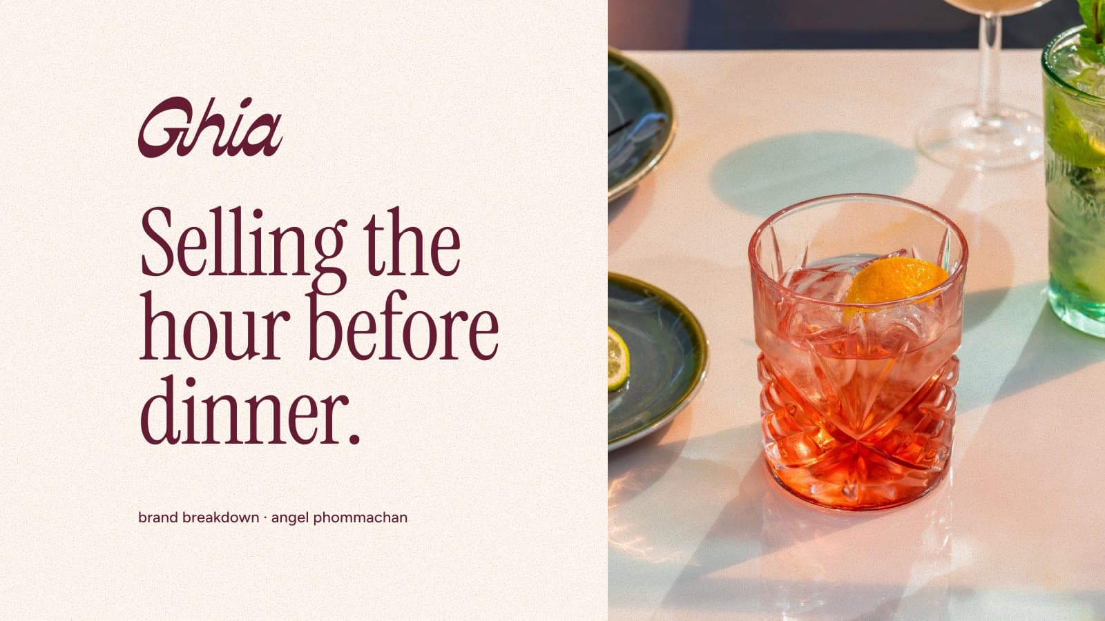 Ghia logo and "Selling the hour before dinner" beside a red aperitivo in a cut-glass tumbler