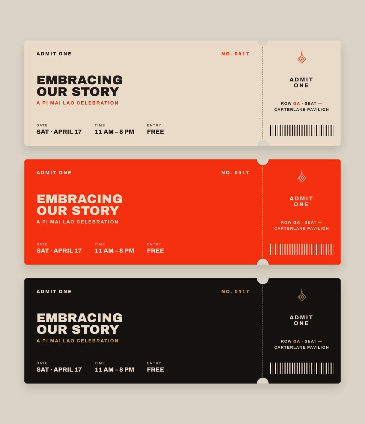 Ticket set in three colorways
