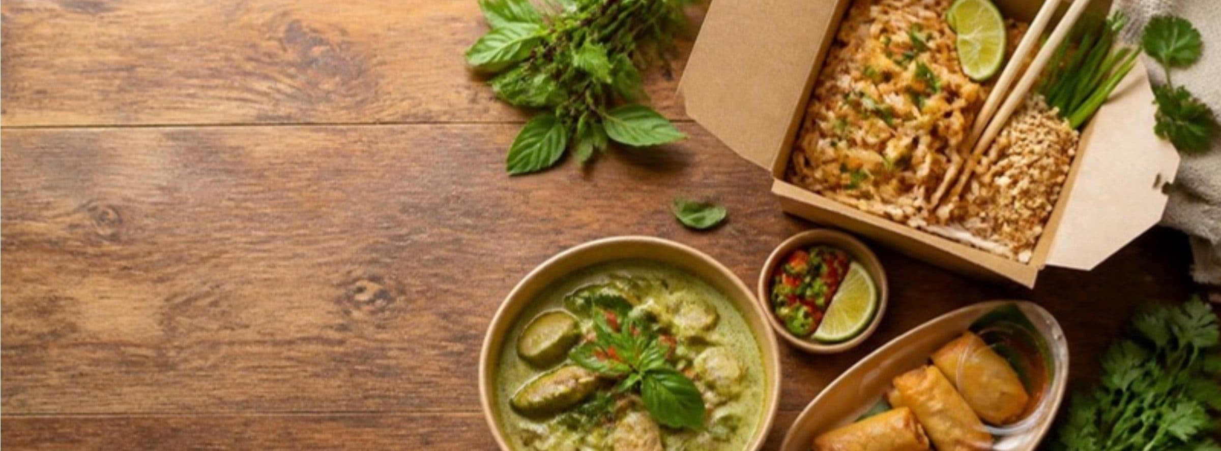 Thai takeout on a wooden table: pad thai in a kraft box, green curry, spring rolls, chilies, and fresh basil