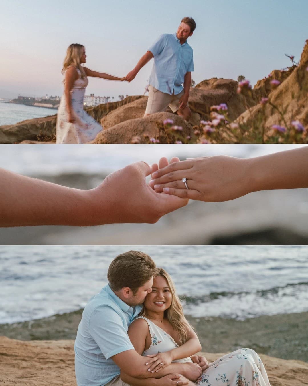 Engagement session on the cliffs and beach at sunset: the couple hand in hand on the rocks, the ring, and a kiss on the sand