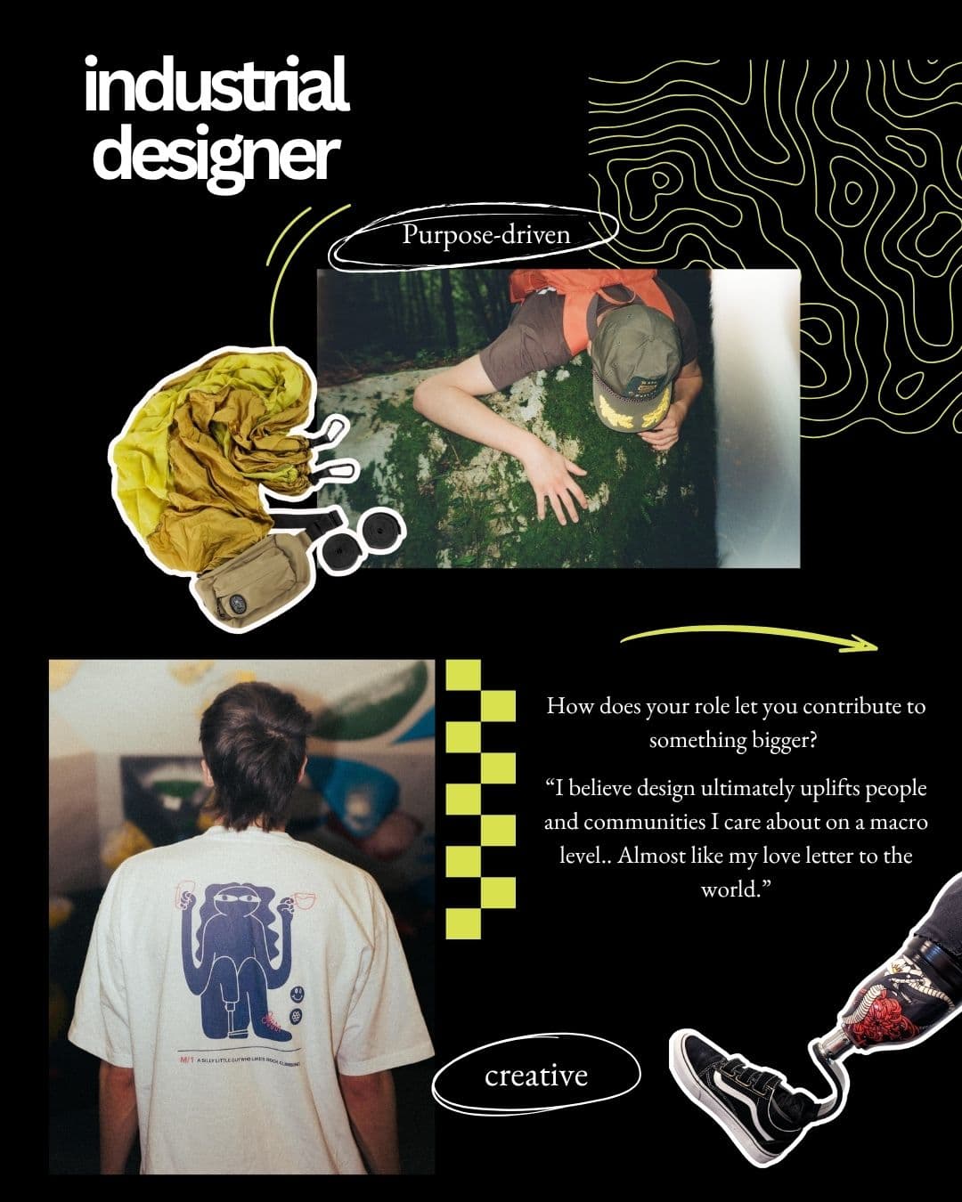 Industrial designer slide with sketches, product photos, and his answers