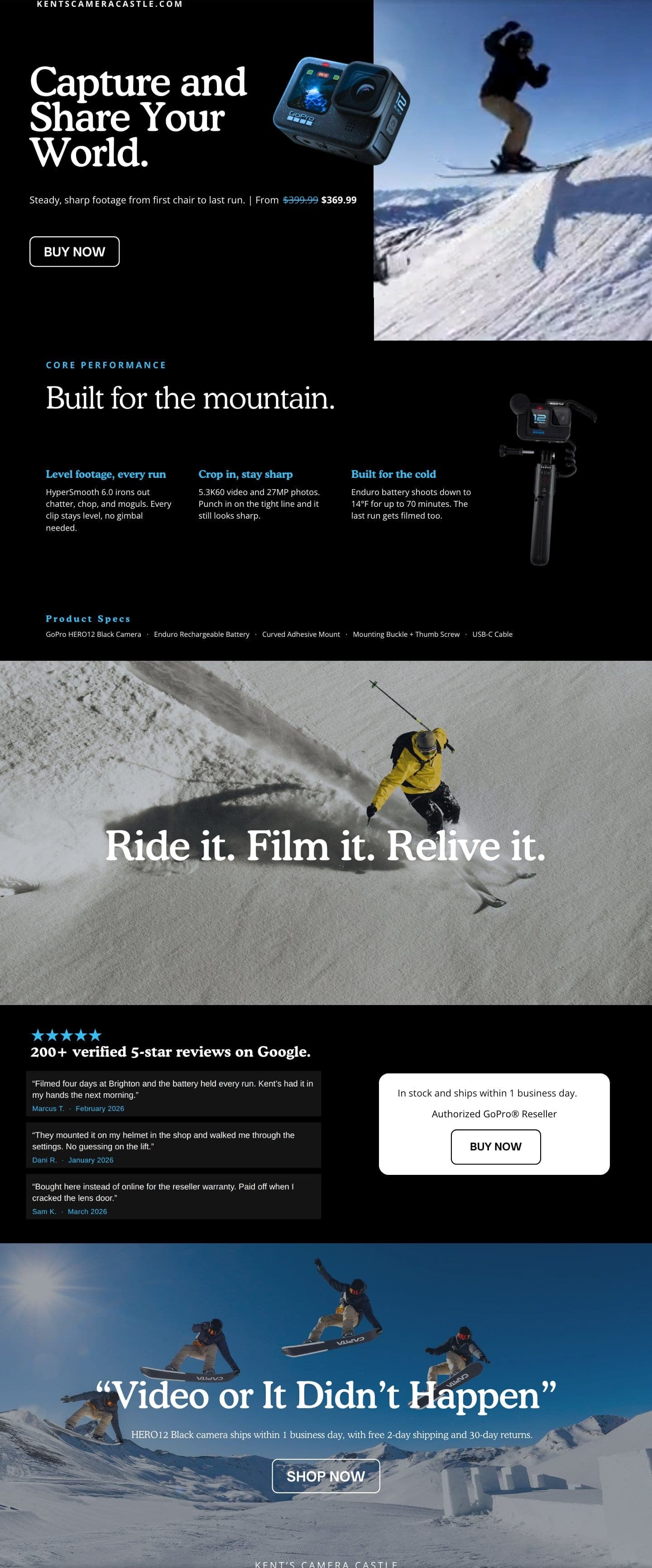 The HERO12 Black landing page for Kent's Camera Castle, with its videos playing
