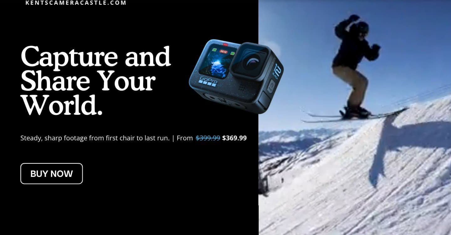 The split hero: a black panel with the headline, price, and Buy Now button beside the snowboarder photo
