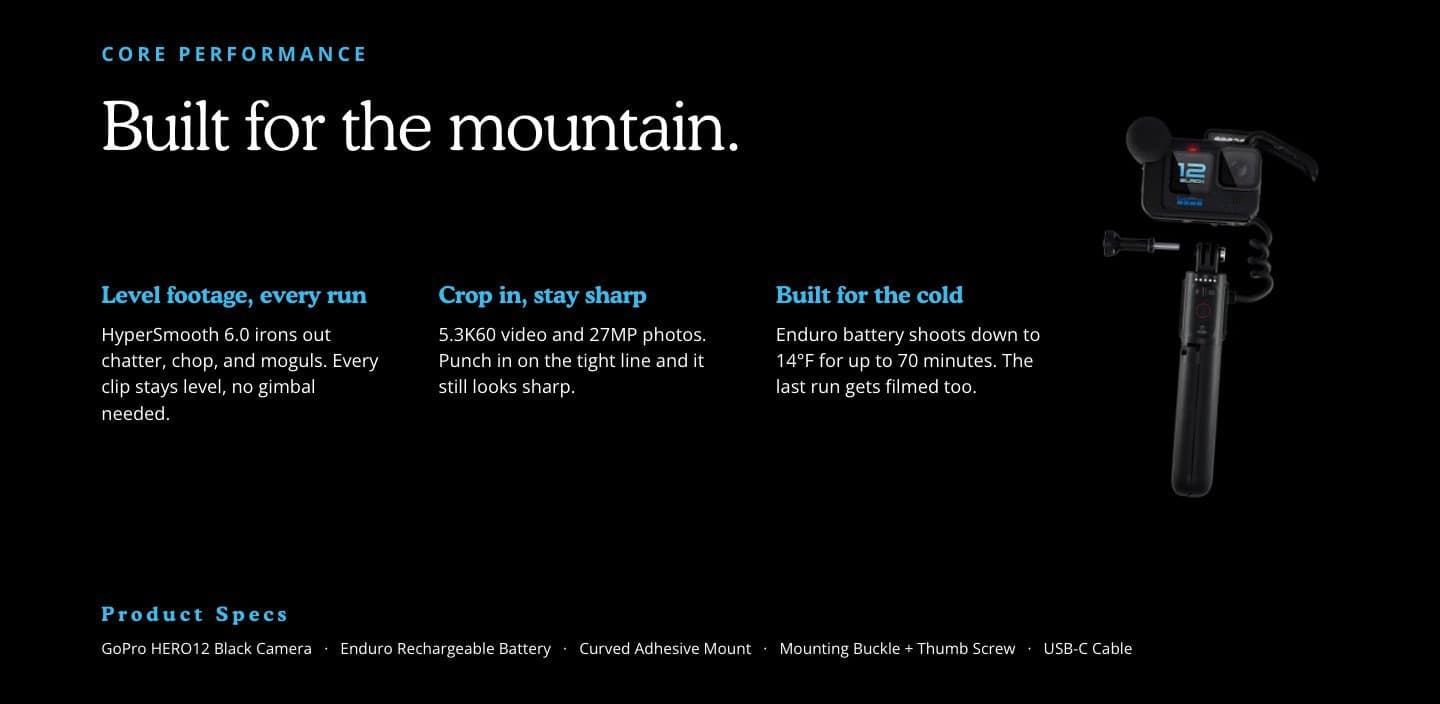 The “Built for the mountain” three-card feature grid with the Product Specs line underneath