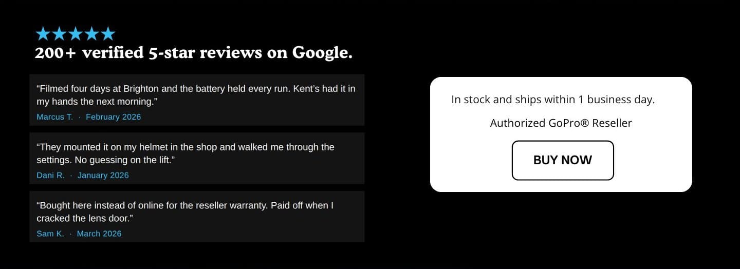 The 5-star review section beside the In stock and Authorized GoPro Reseller card with its Buy Now button